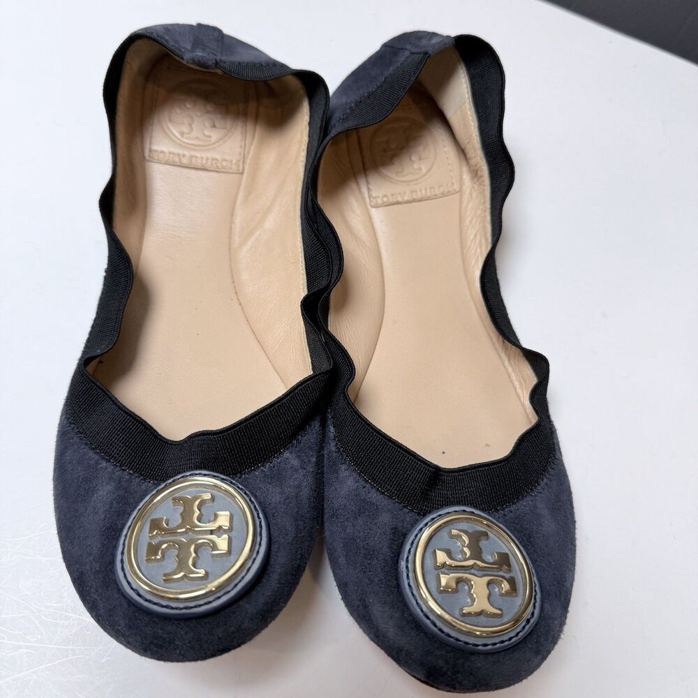 Tory Burch Caroline Ballet Flats Navy Blue Suede Gold Logo Leather Size 5.5